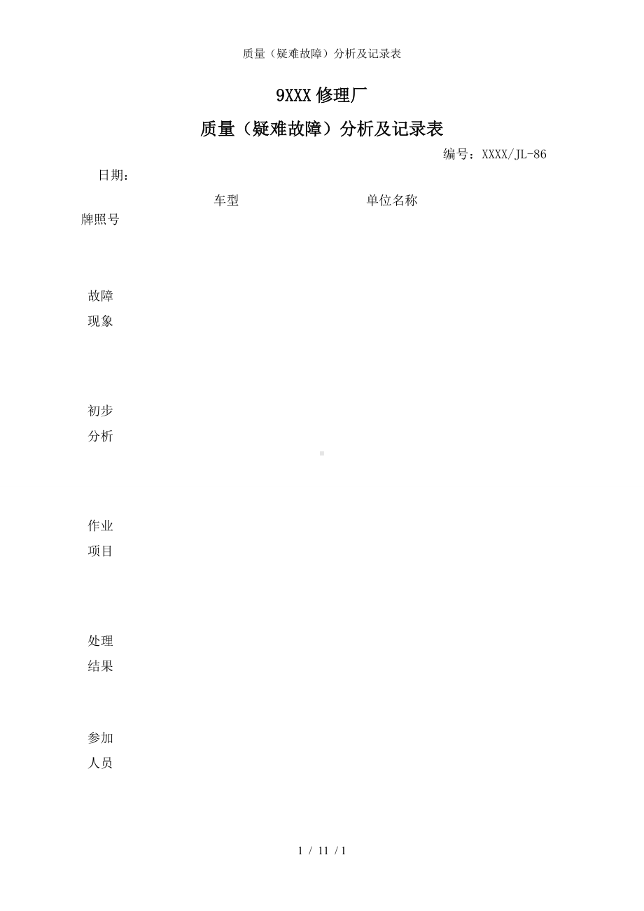 质量（疑难故障）分析及记录表参考模板范本.doc_第1页