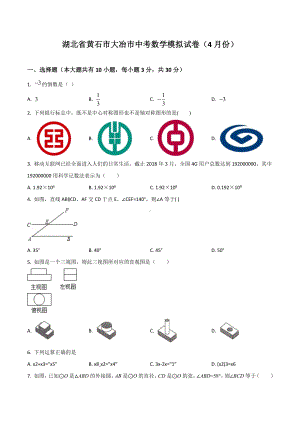 湖北省黄石市大冶市 九年级中考模拟数学试题.docx