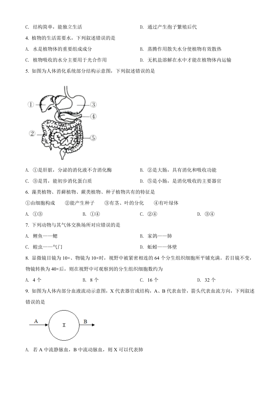 2022年山东省济南市八年级学业水平考试生物真题(含答案).docx_第2页