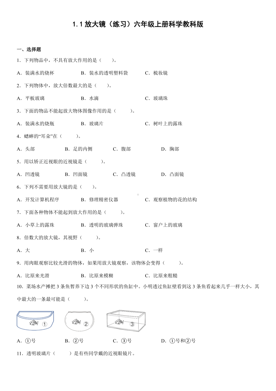 1.1放大镜（练习）（含答案）-2022新教科版六年级上册《科学》.docx_第1页