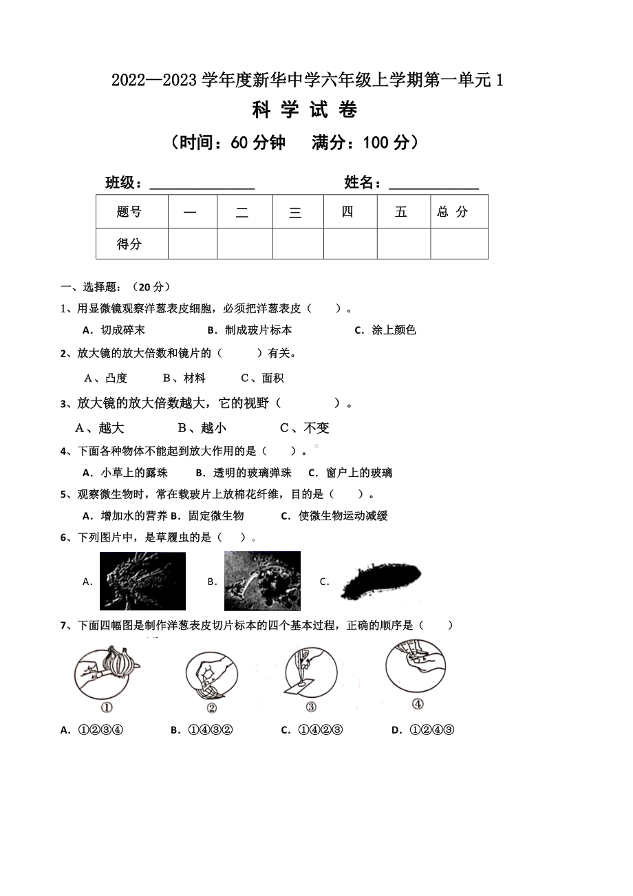 2022新教科版六年级上册《科学》第一单元《微小世界》（单元测试）.docx_第1页