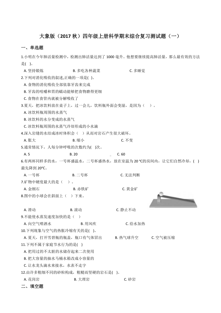 2022新大象版四年级上册《科学》期末综合复习测试题（试题）.docx_第1页