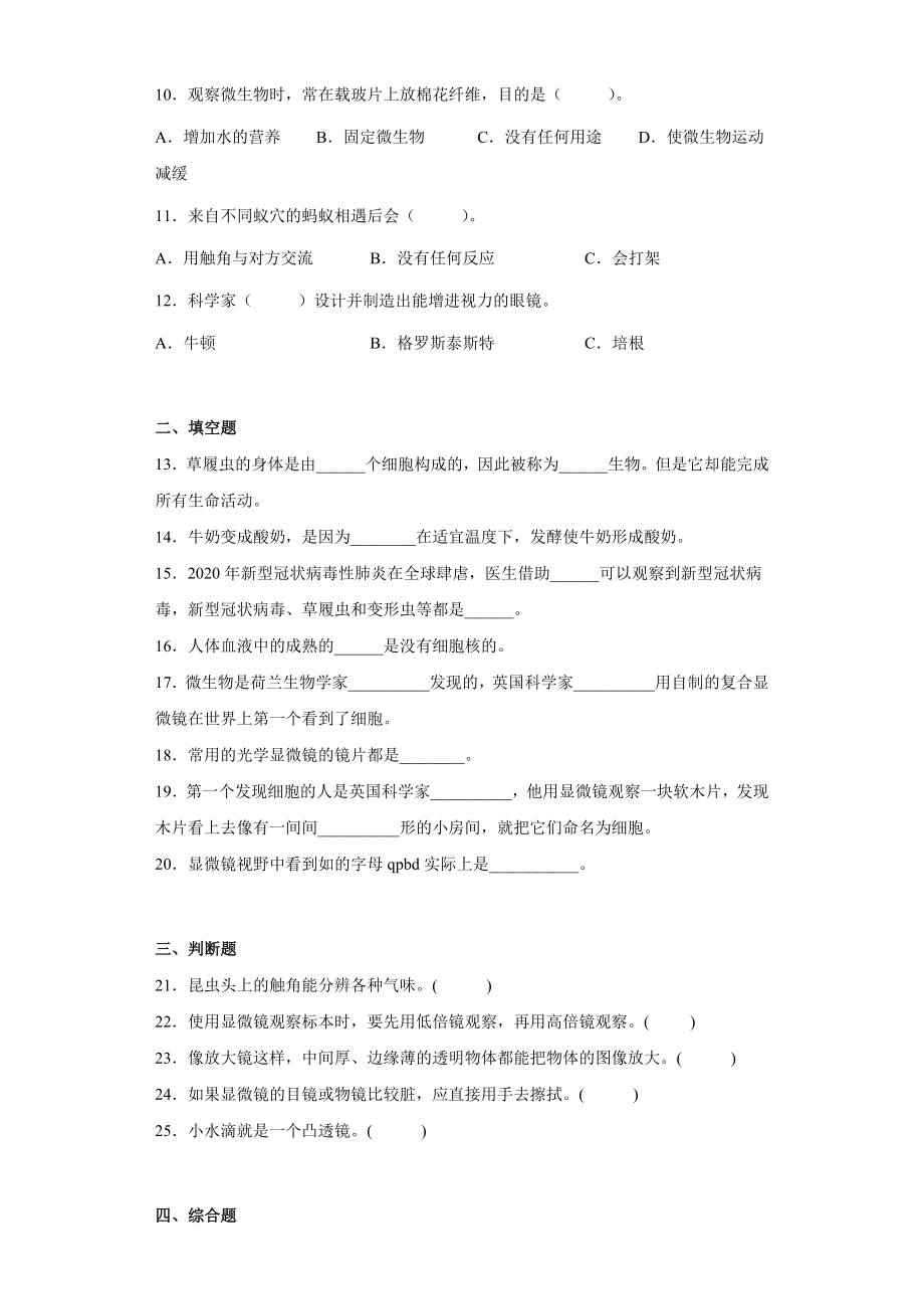 第一单元《微小世界》测试卷A（含答案）-2022新教科版六年级上册《科学》.docx_第2页