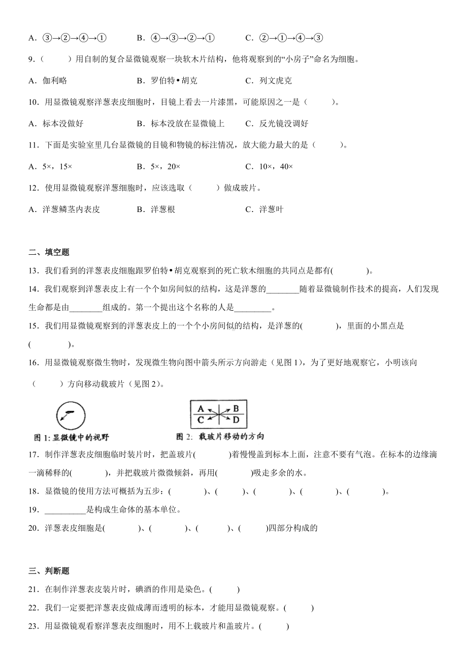 1.4观察洋葱表皮细胞（练习）（含答案）-2022新教科版六年级上册《科学》.docx_第2页