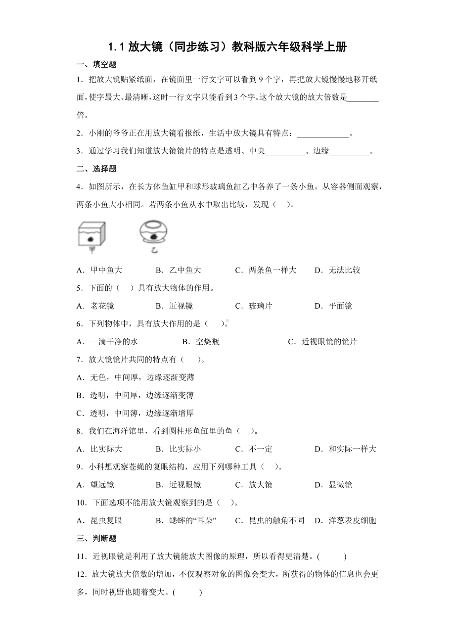 1.1放大镜（同步练习）-2022新教科版六年级上册《科学》.docx_第1页