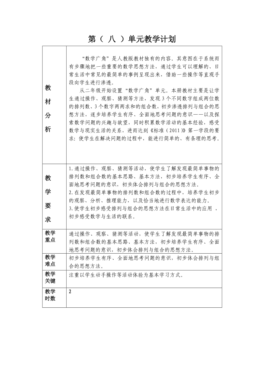 人教版2022-2023二年级数学上册第8单元《数学广角-搭配（一）》教学计划及全部教案（定稿；共2课时）.docx_第1页