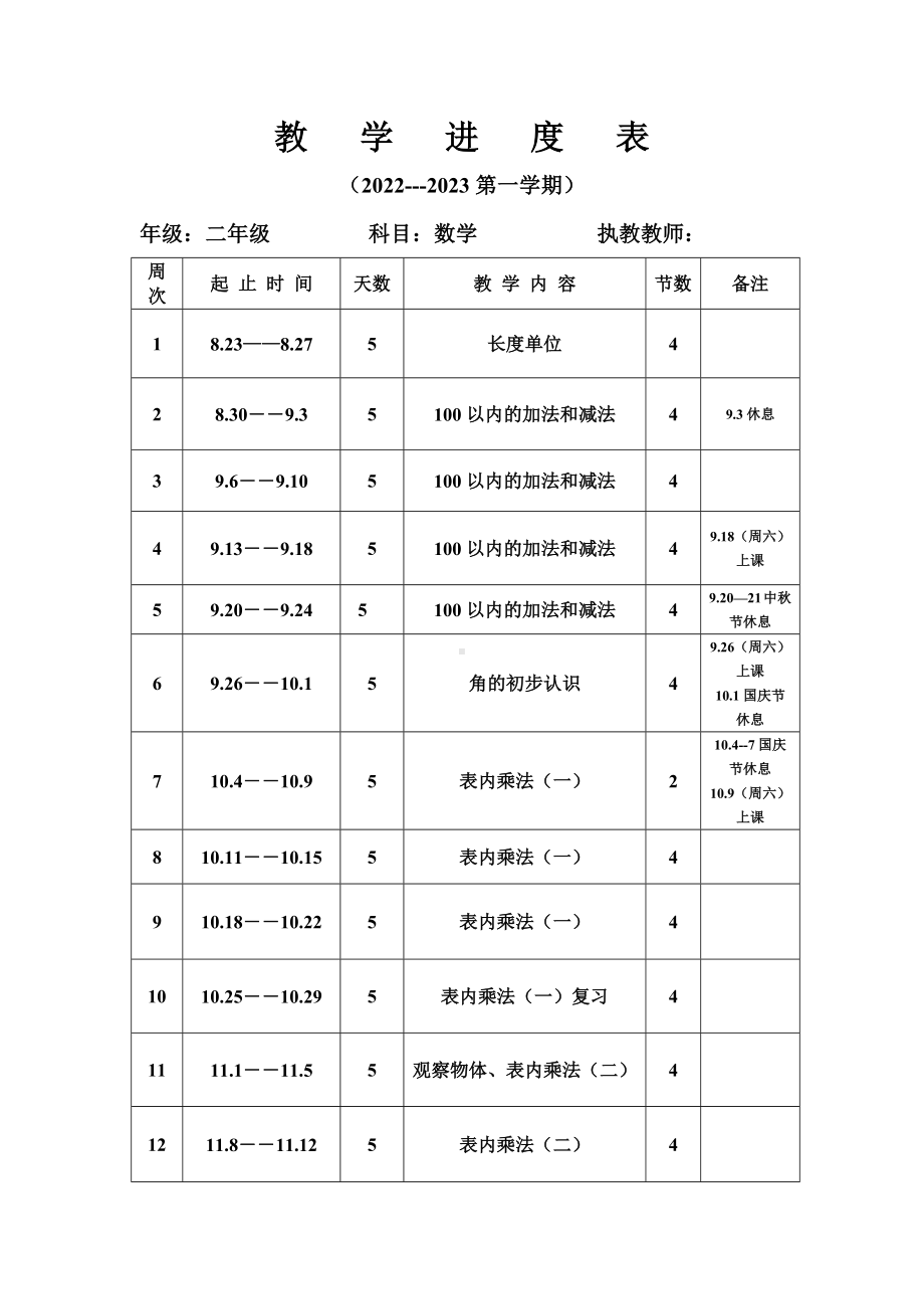 人教版2022-2023二年级数学上册各单元教学计划及全一册全部教案（定稿）.docx_第2页