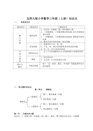 北师大版小学数学三年级（上册）知识点参考模板范本.doc