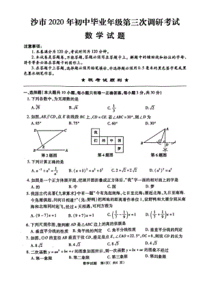 2020年湖北省荆州市沙市区九年级中考三调数学试卷.pdf