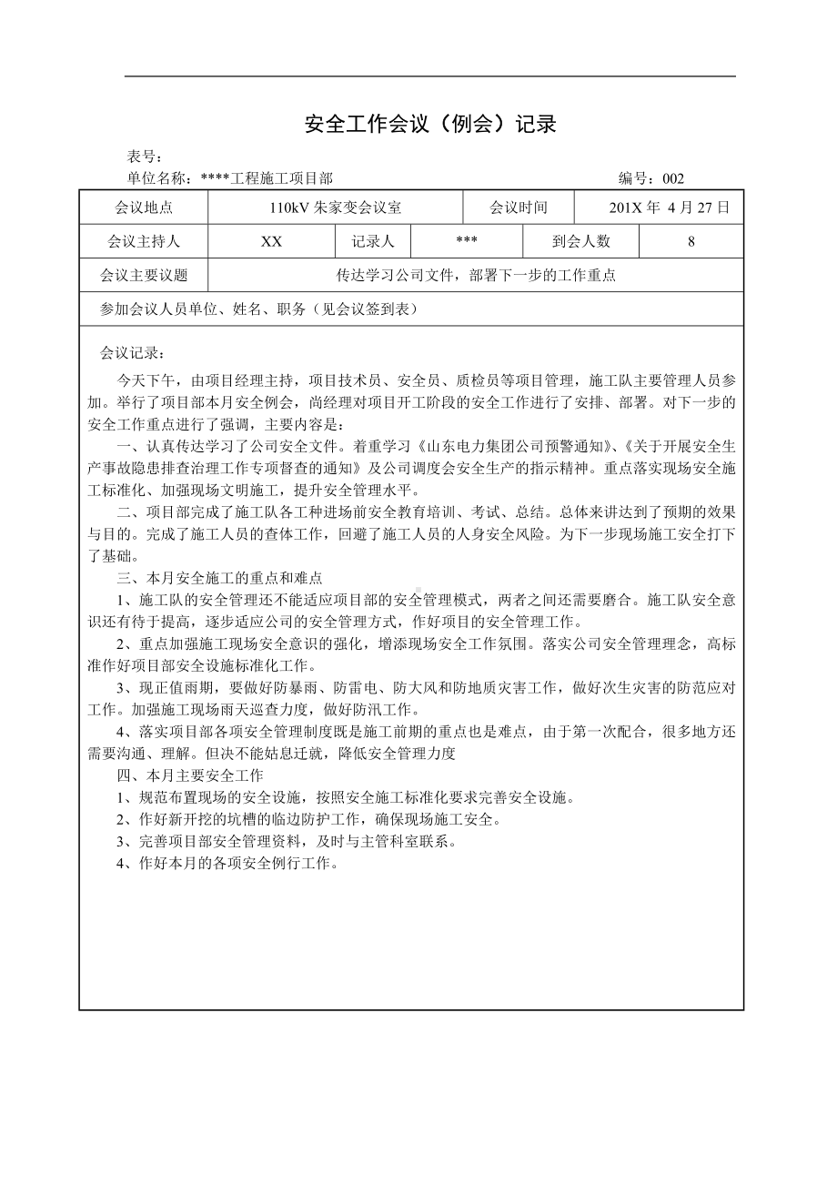 项目部安全工作会议（例会）记录参考模板范本.doc_第2页