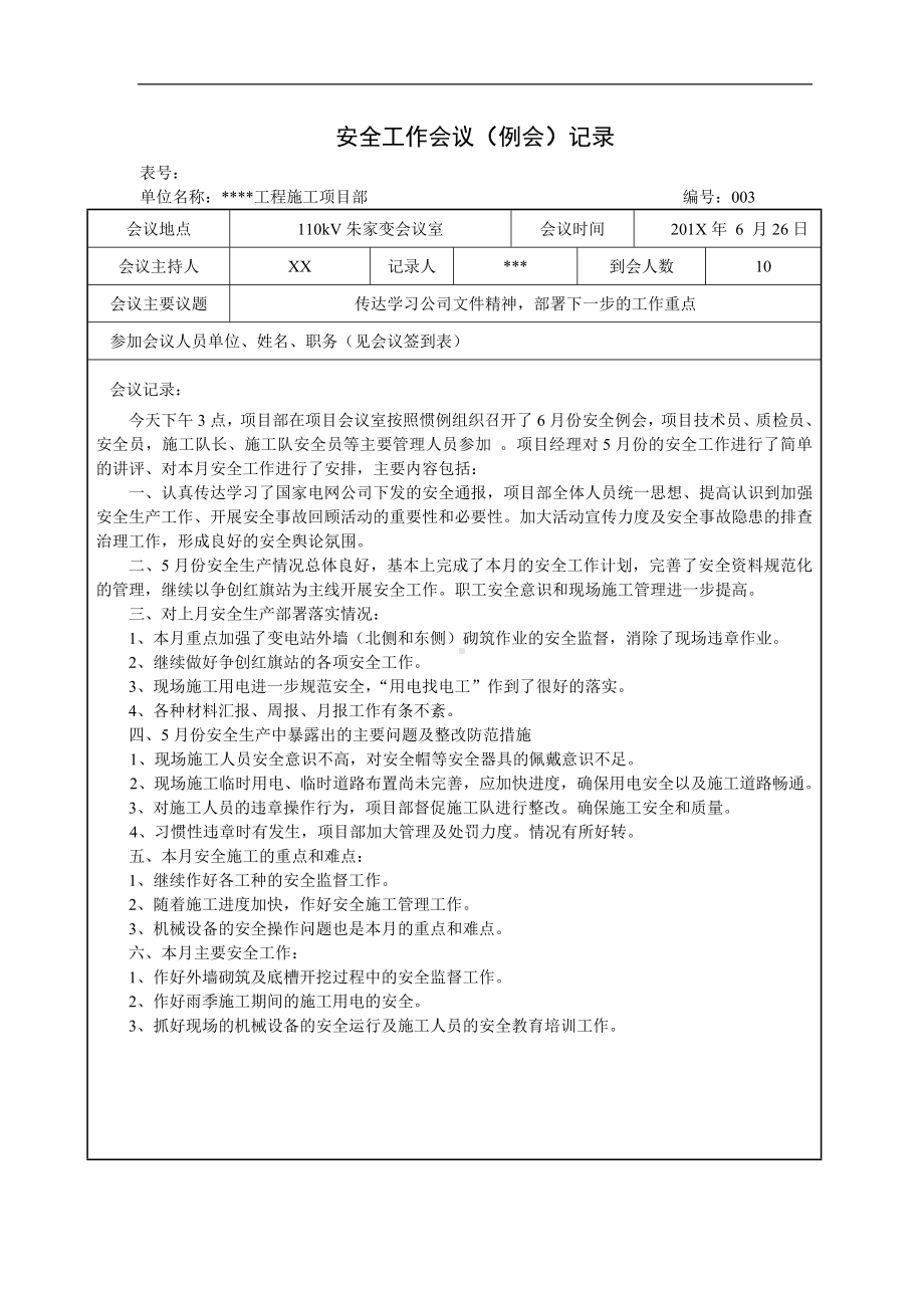 项目部安全工作会议（例会）记录参考模板范本.doc_第3页