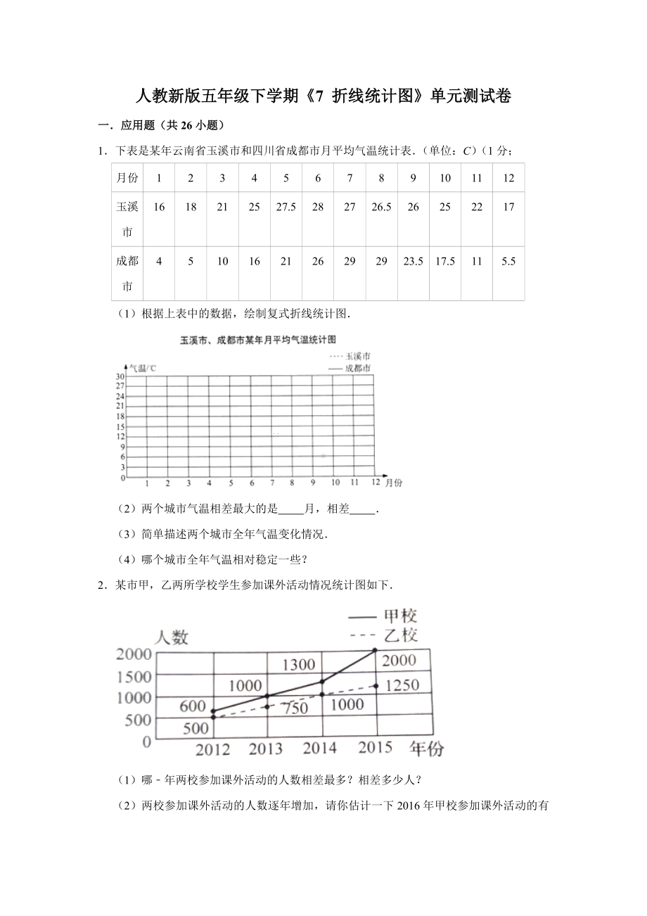 五年级下册数学试题 -《7 折线统计图》单元测试卷 人教版（含答案） (1).doc_第1页