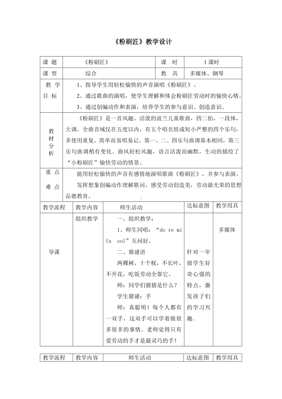 一年级下册音乐教案-7 《粉刷匠》 ︳人音版 （五线谱）(2).doc_第1页