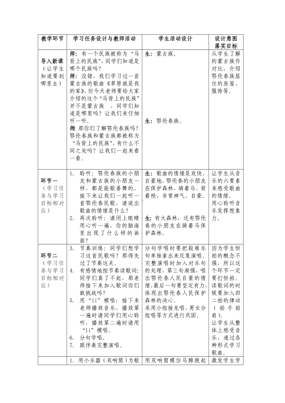 一年级下册音乐教案第五单元 唱歌　勇敢的鄂伦春｜人教版(9).doc_第2页