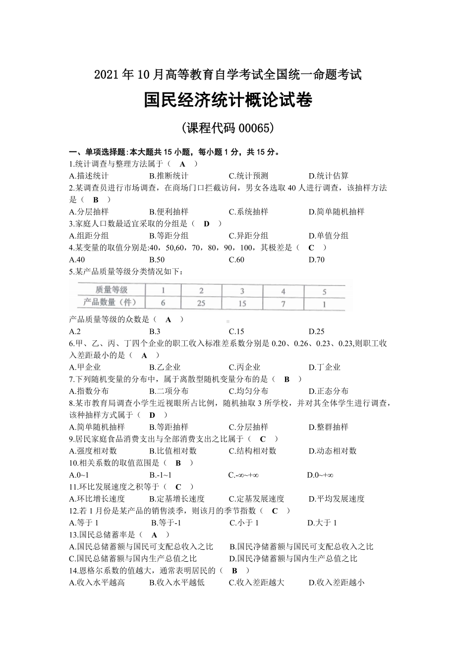 2021年10月自考00065国民经济统计概论试题及答案.docx_第1页