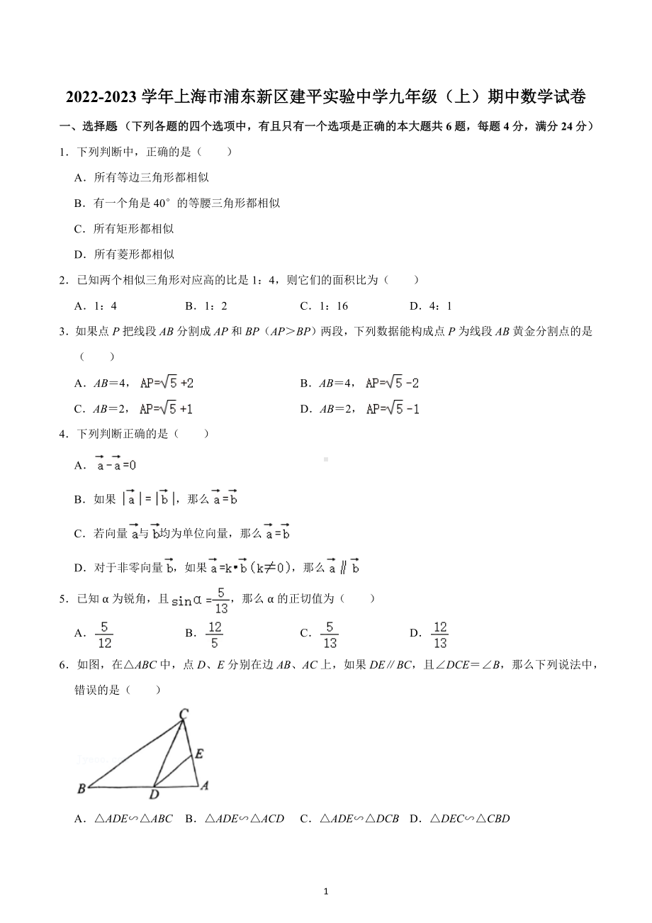 2022-2023学年上海市浦东新区建平实验中学九年级（上）期中数学试卷.docx_第1页