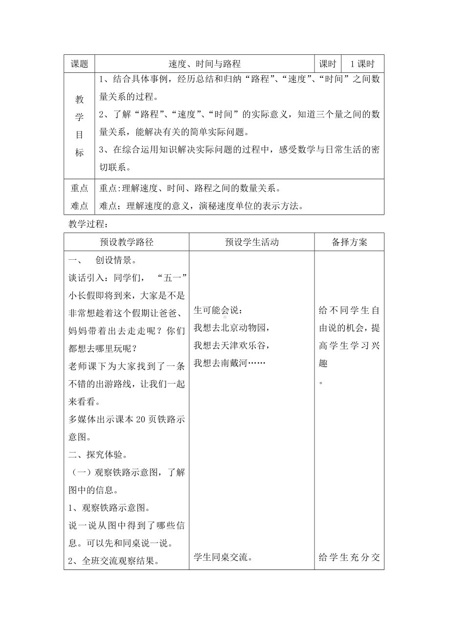 四年级下册数学教案 3.2 数量关系—时间速度路程的数量关系 冀教版 .doc_第1页