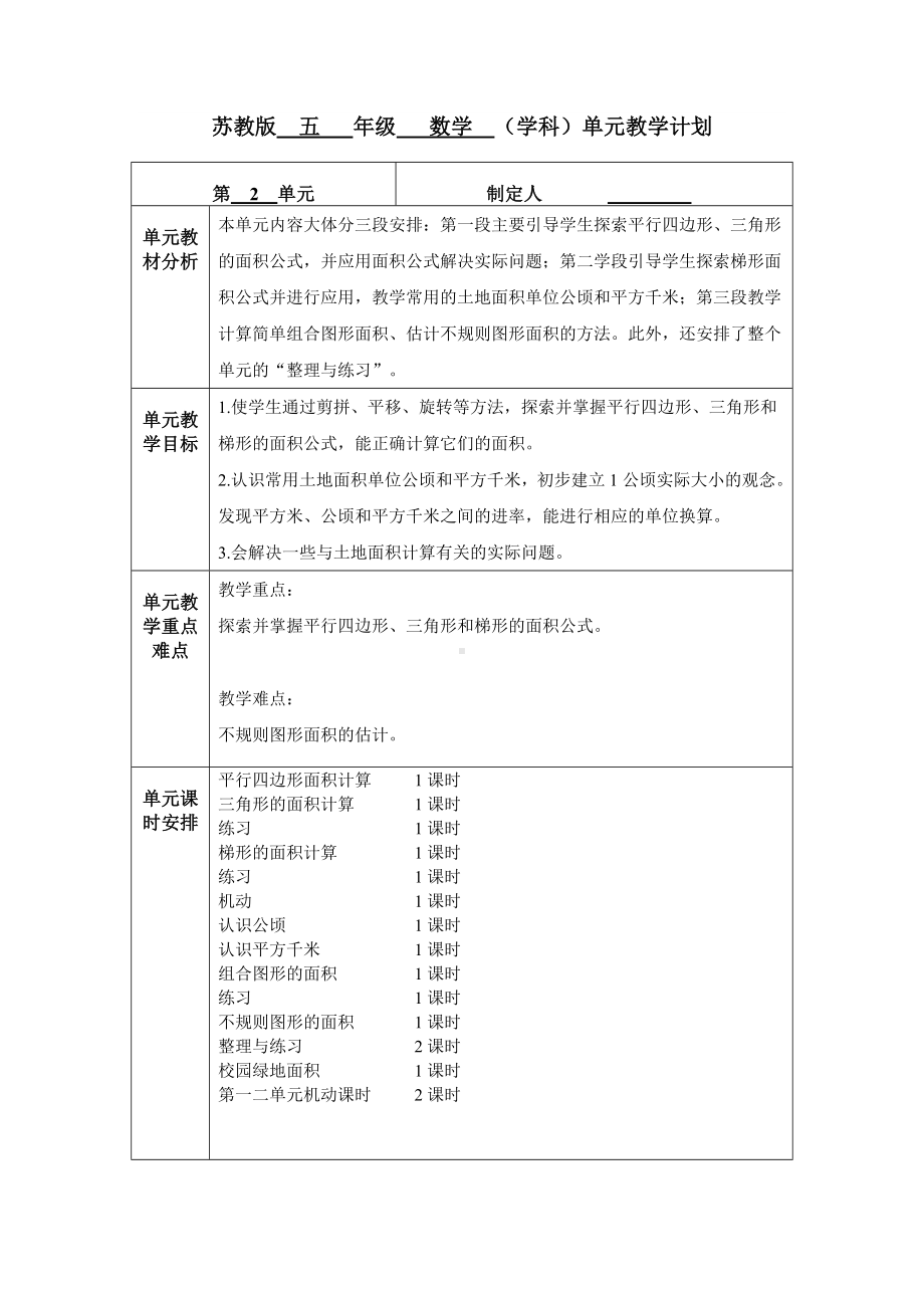 苏教版五年级数学上册第二单元《多边形的面积》教学计划（定稿）.doc_第1页