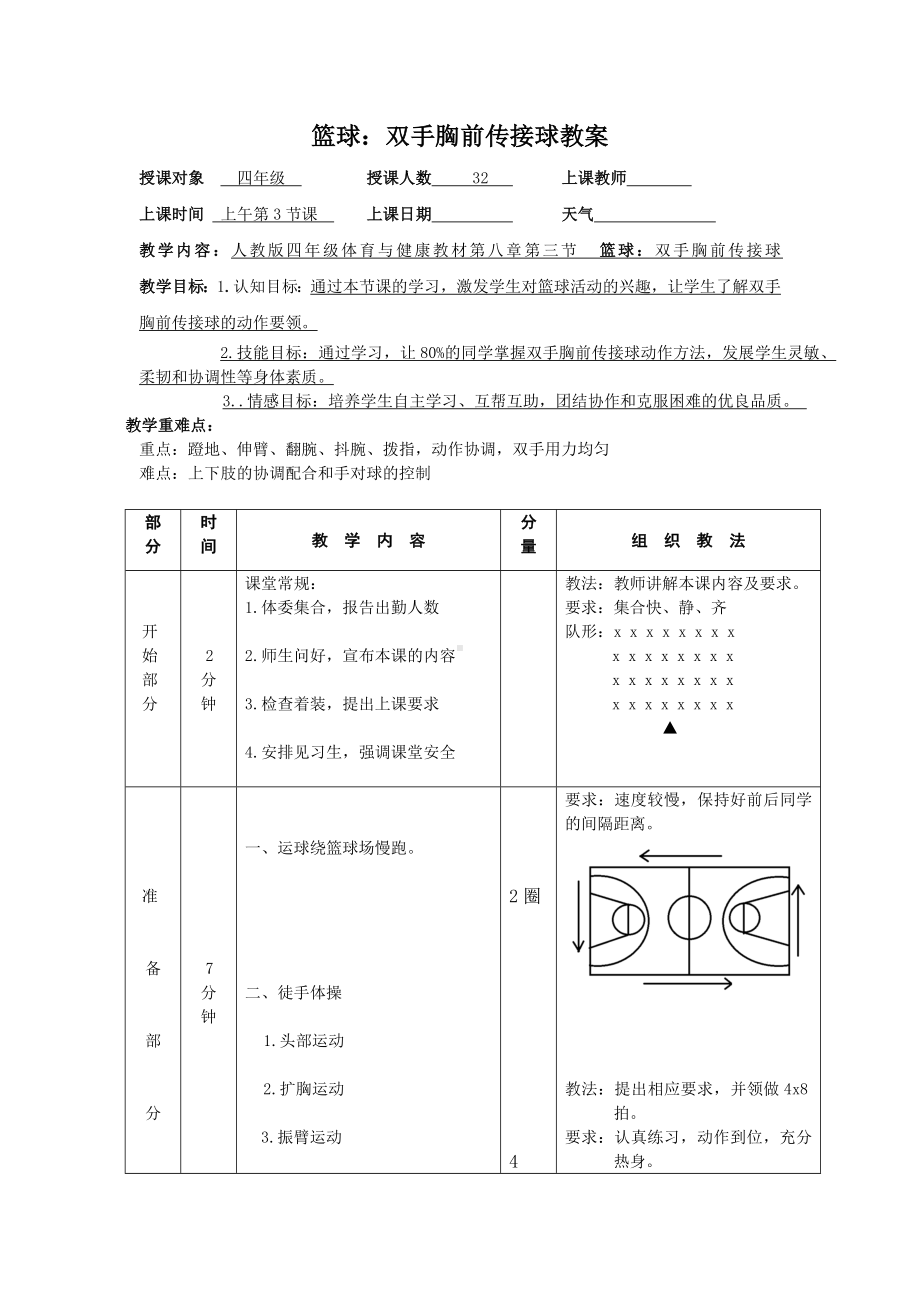 体育与健康人教版四年级-篮球：双手胸前传接球教案.doc_第1页