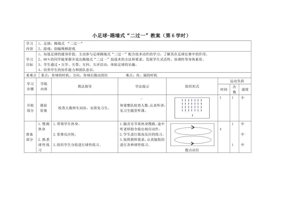 体育与健康人教版六年级全一册小足球-踢墙式“二过一”教案.doc_第1页