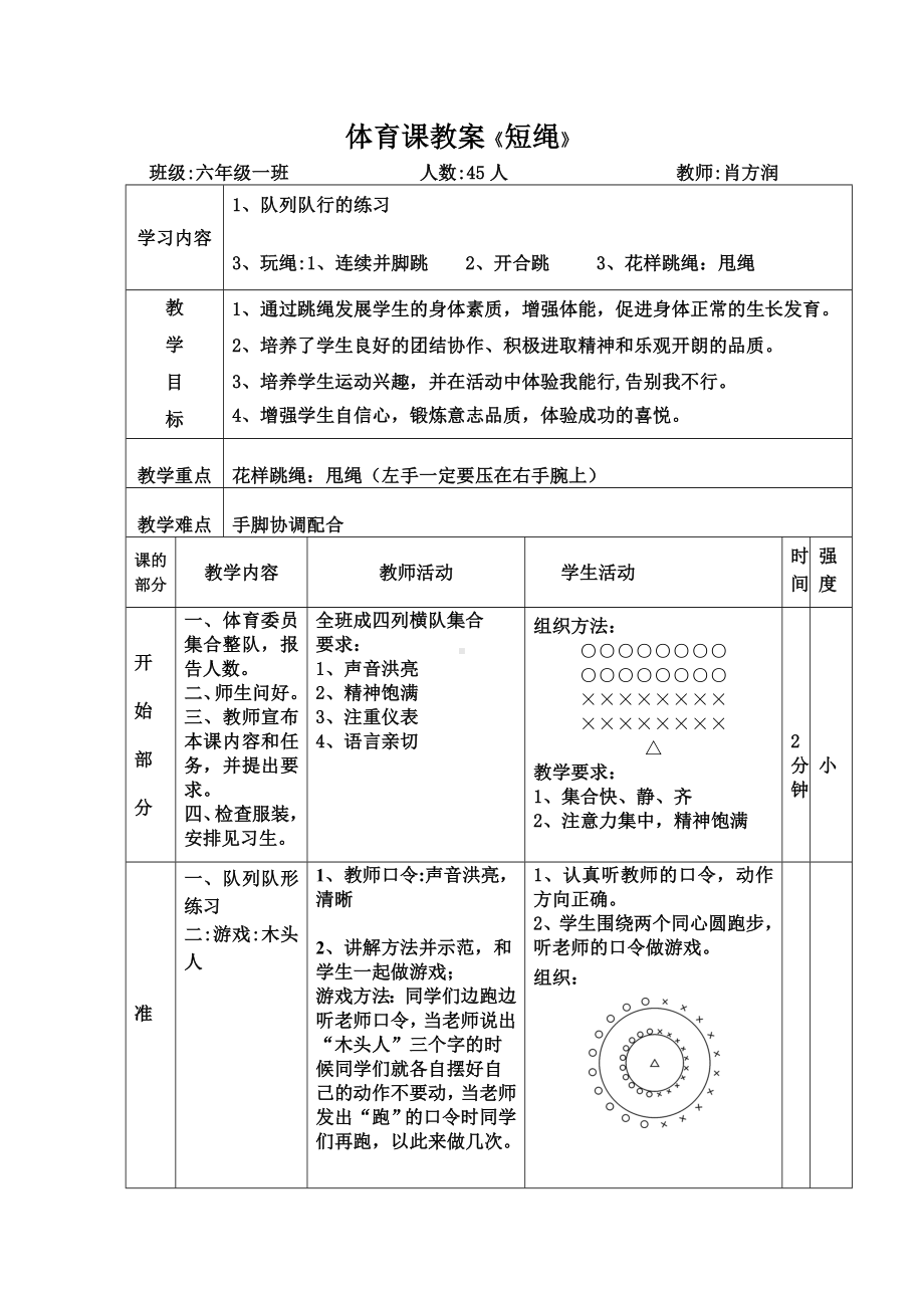 体育与健康人教版六年级全一册队列队形练习跳绳教案.doc_第1页