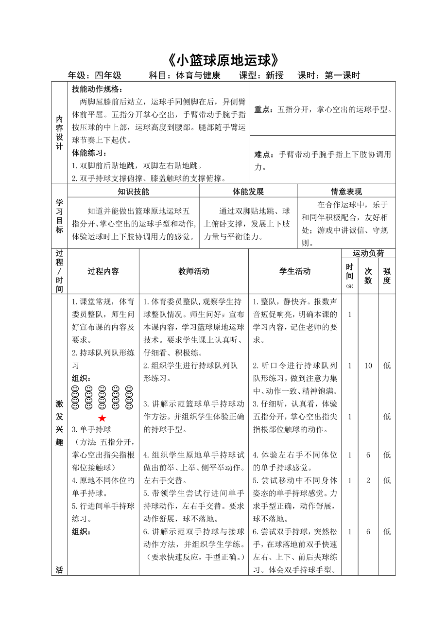 体育与健康人教版四年级-水平二篮球原地运球教案.docx_第1页