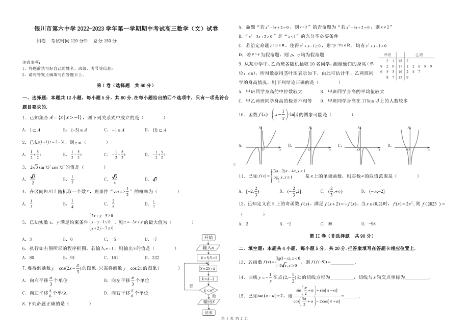 宁夏银川市第六中学2022-2023学年高三上学期期中考试数学（文）试卷.pdf_第1页