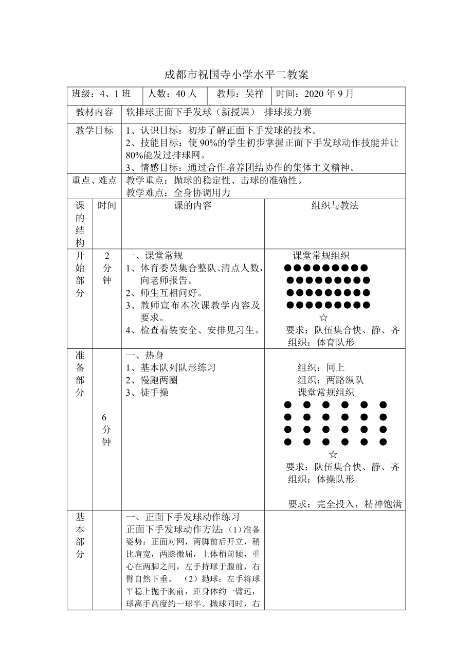 体育与健康人教版四年级-水平二正面下手发球教案1.doc_第1页