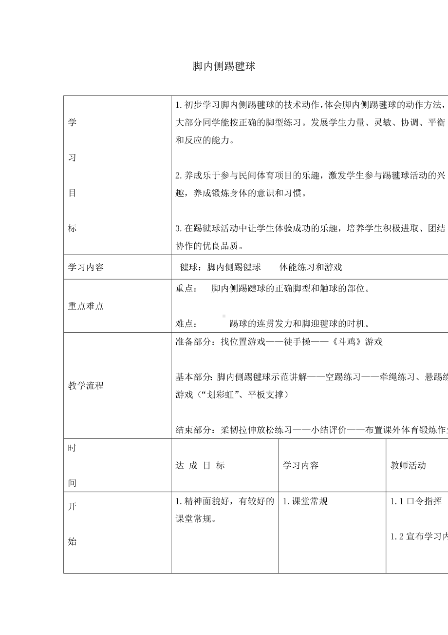 五年级体育教案-脚内侧踢毽球 全国通用.doc_第1页