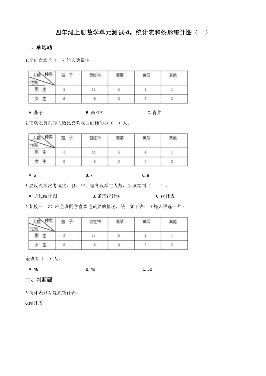 四年级上册数学试题-4.统计表和条形统计图（一） 苏教版（含答案）.docx_第1页