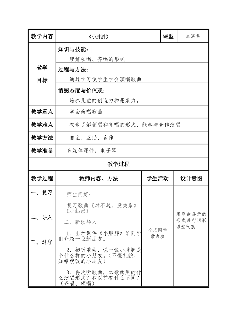 一年级下册音乐教案 - 第一单元《表演唱 小胖胖》人教版.docx_第1页