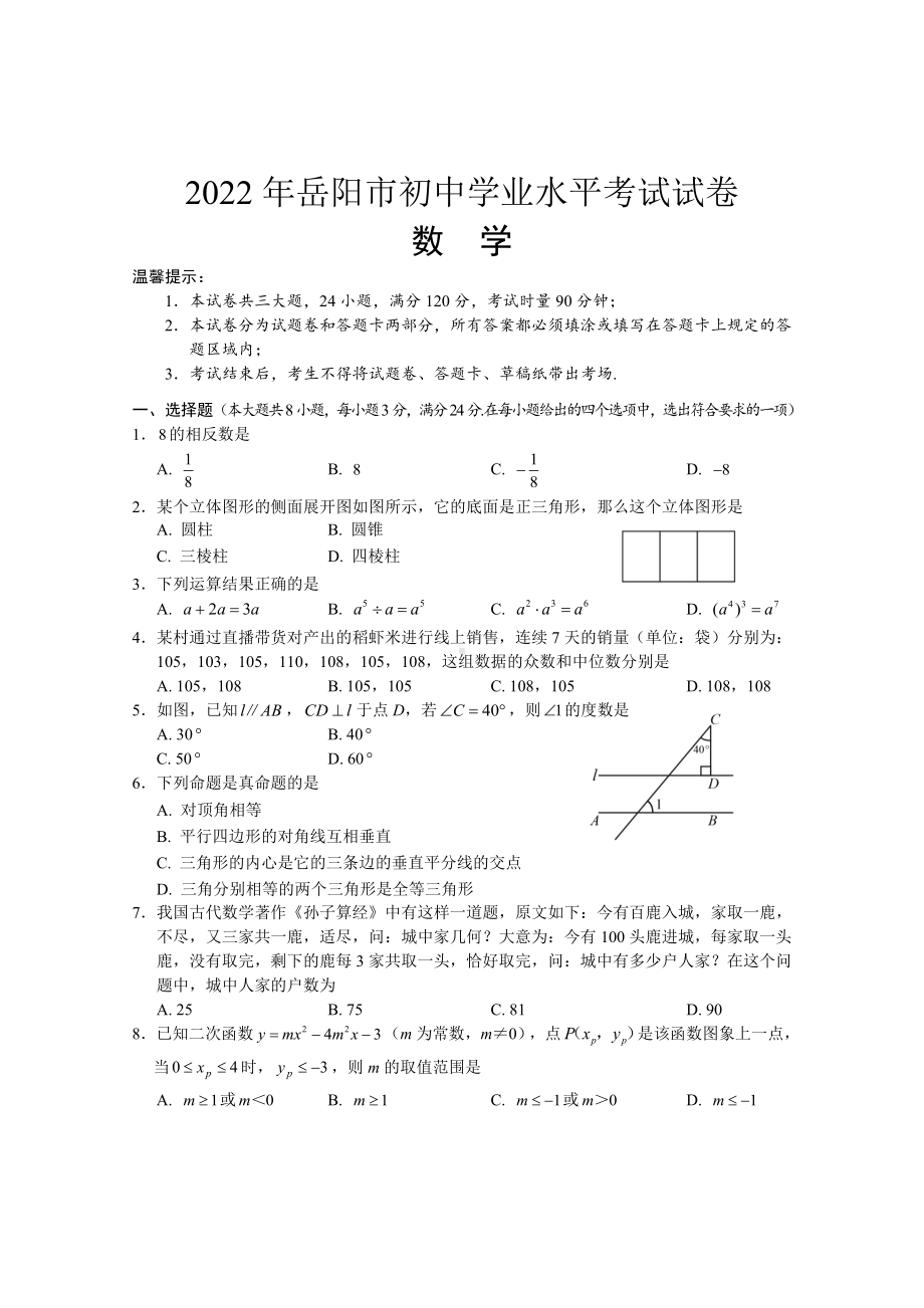 2022年湖南省岳阳市初中学业水平考试数学试题（真题）（含答案）.docx_第1页