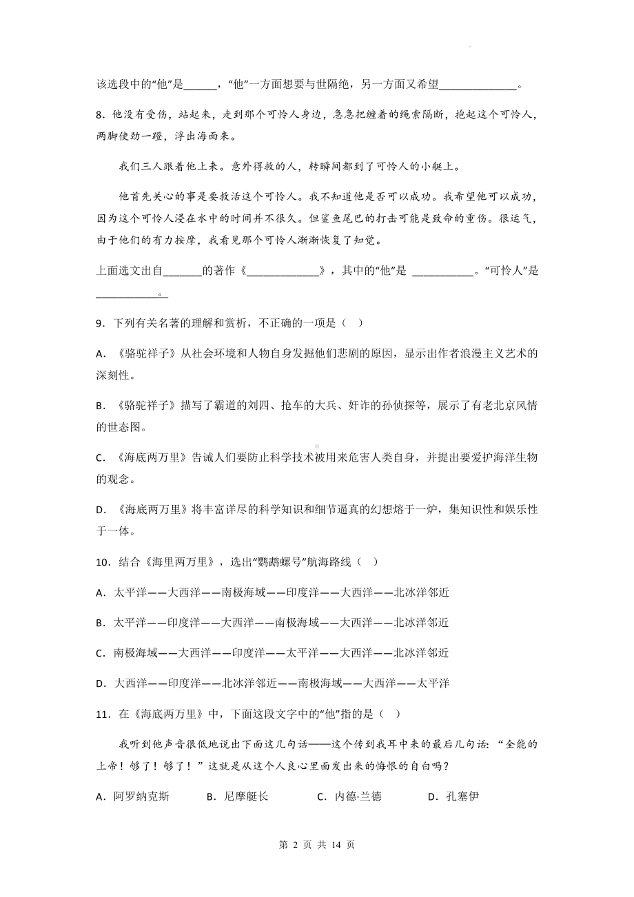 中考语文一轮复习：名著导读《海底两万里》专项练习题（Word版含答案）.docx_第2页