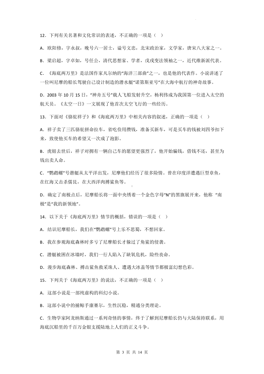 中考语文一轮复习：名著导读《海底两万里》专项练习题（Word版含答案）.docx_第3页