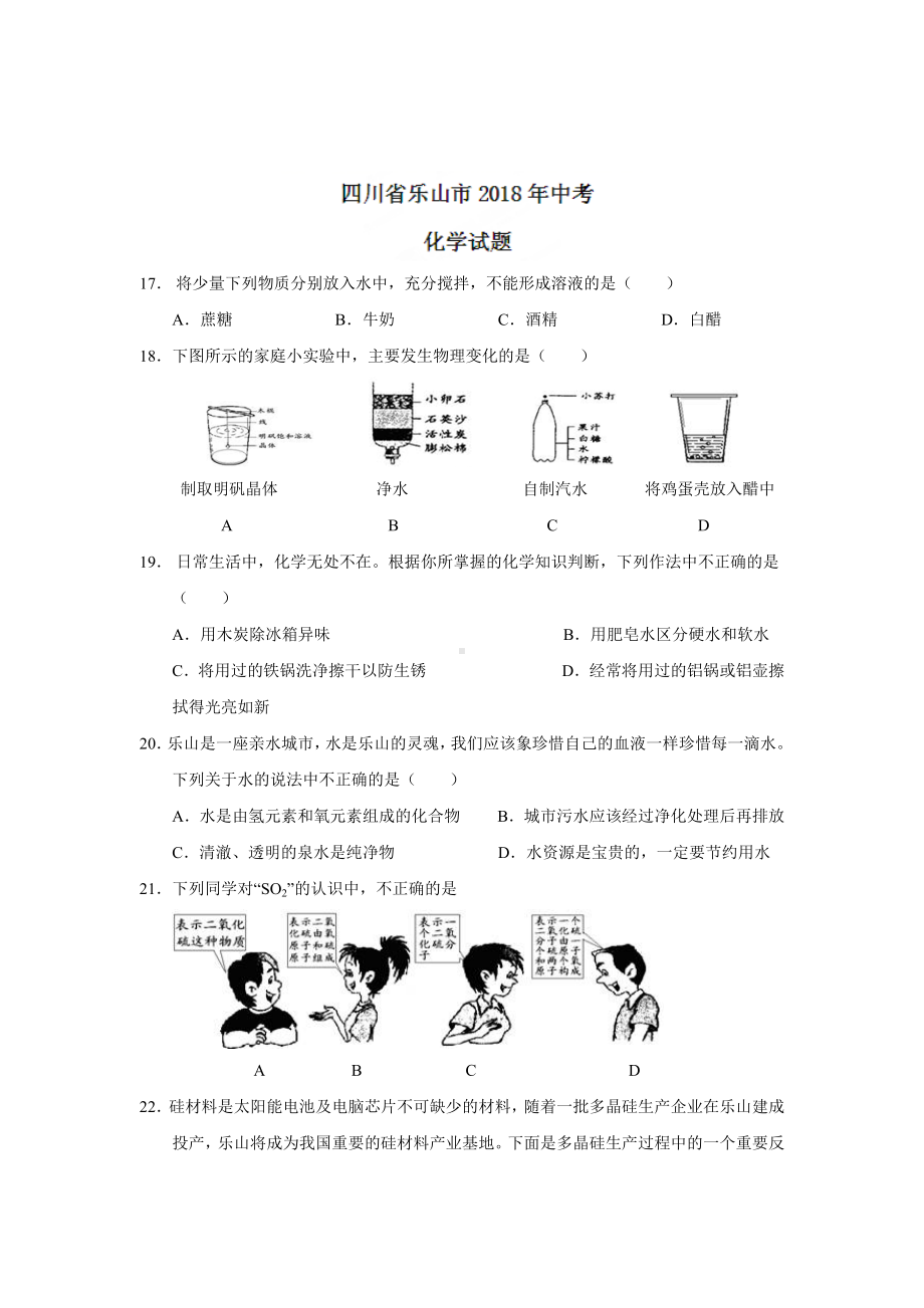 初三九年级化学下册各地真题2018年四川省乐山市中考化学试题word版含答案.doc_第1页