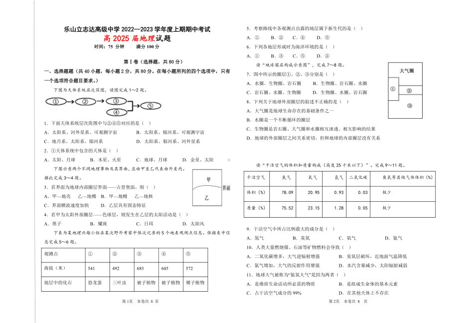 四川省乐山立志达高级中学2022-2023学年届高一上学期期中地理试卷.pdf_第1页