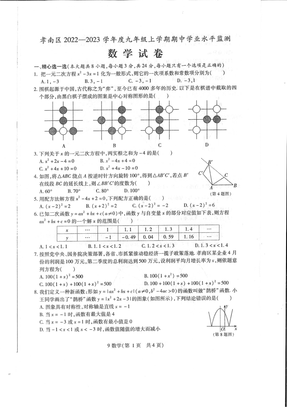 湖北省孝感市孝南区2022-2023学年 九年级上学期期中学业水平监测数学试卷.pdf_第1页