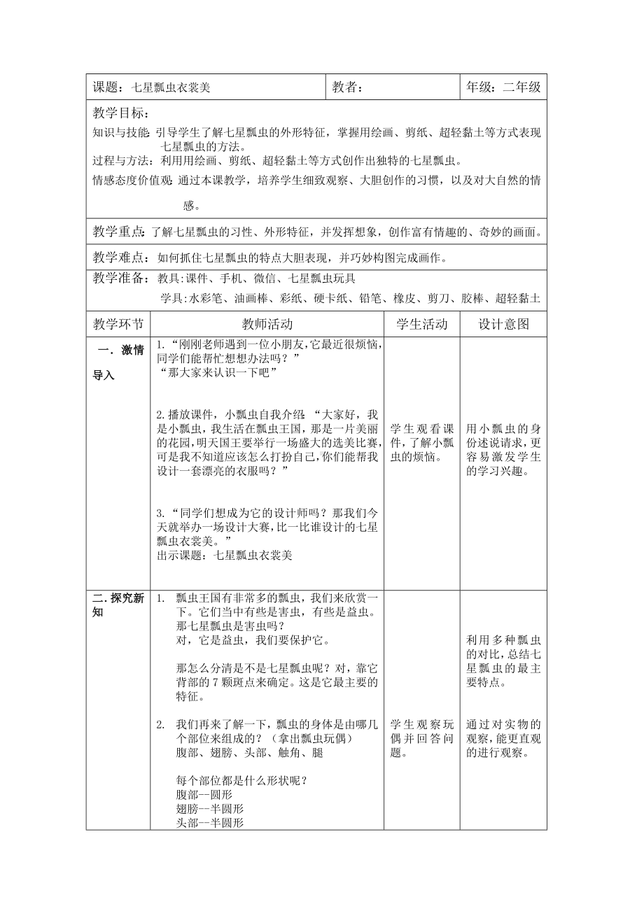 二年级下册美术教案-第6课 七星瓢虫衣裳美｜辽海版(2).doc_第1页