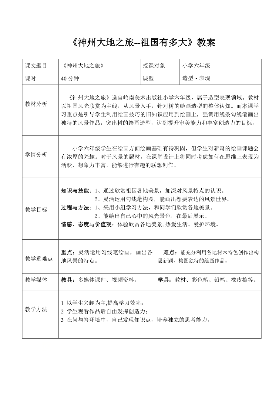 六年级下册美术教案第11课 神州大地之旅-祖国有多大｜岭南版.doc_第1页