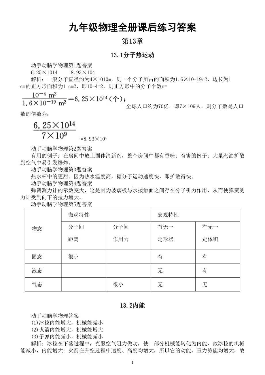 初中物理人教版九年级全册课后练习答案.doc_第1页