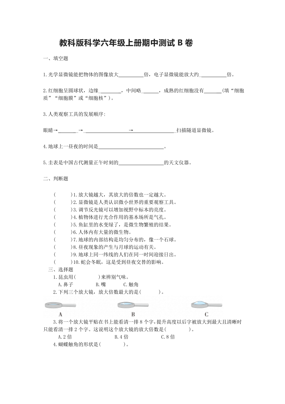 2022新教科版六年级上册《科学》期中测试B卷（含答案）.doc_第1页