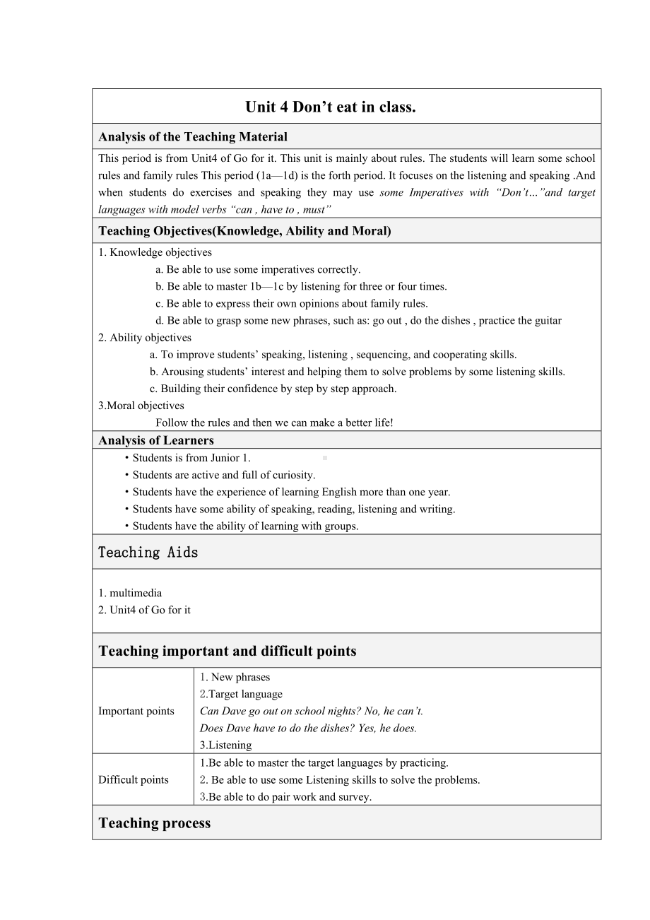 Unit 4 Don't eat in class.Section B 1a-1d教案（表格式）.doc_第1页