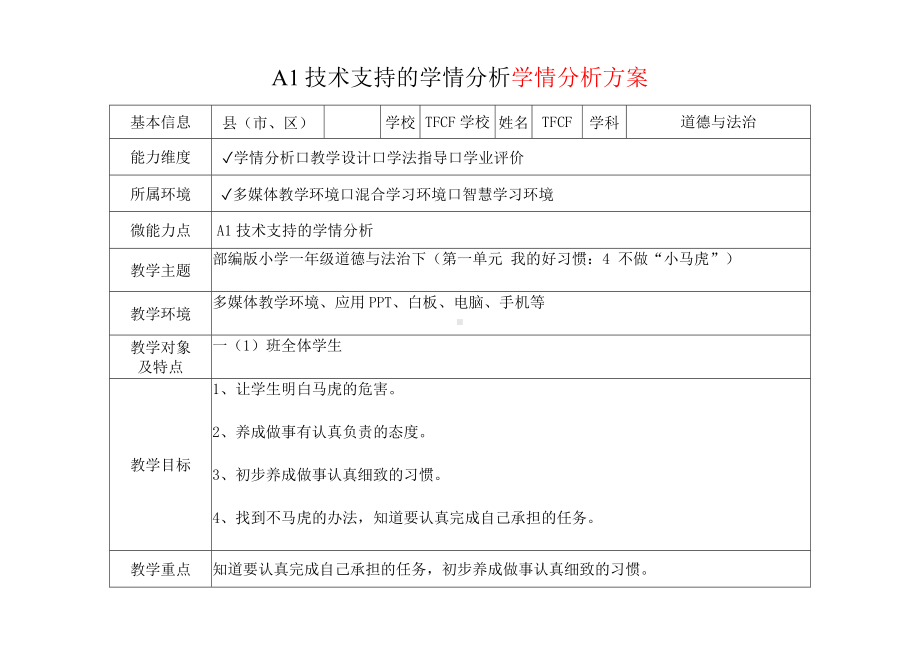 [2.0微能力获奖优秀作品]：小学一年级道德与法治下（第一单元 我的好习惯：4 不做“小马虎”）-A1技术支持的学情分析-学情分析方案+学情分析报告.docx_第2页