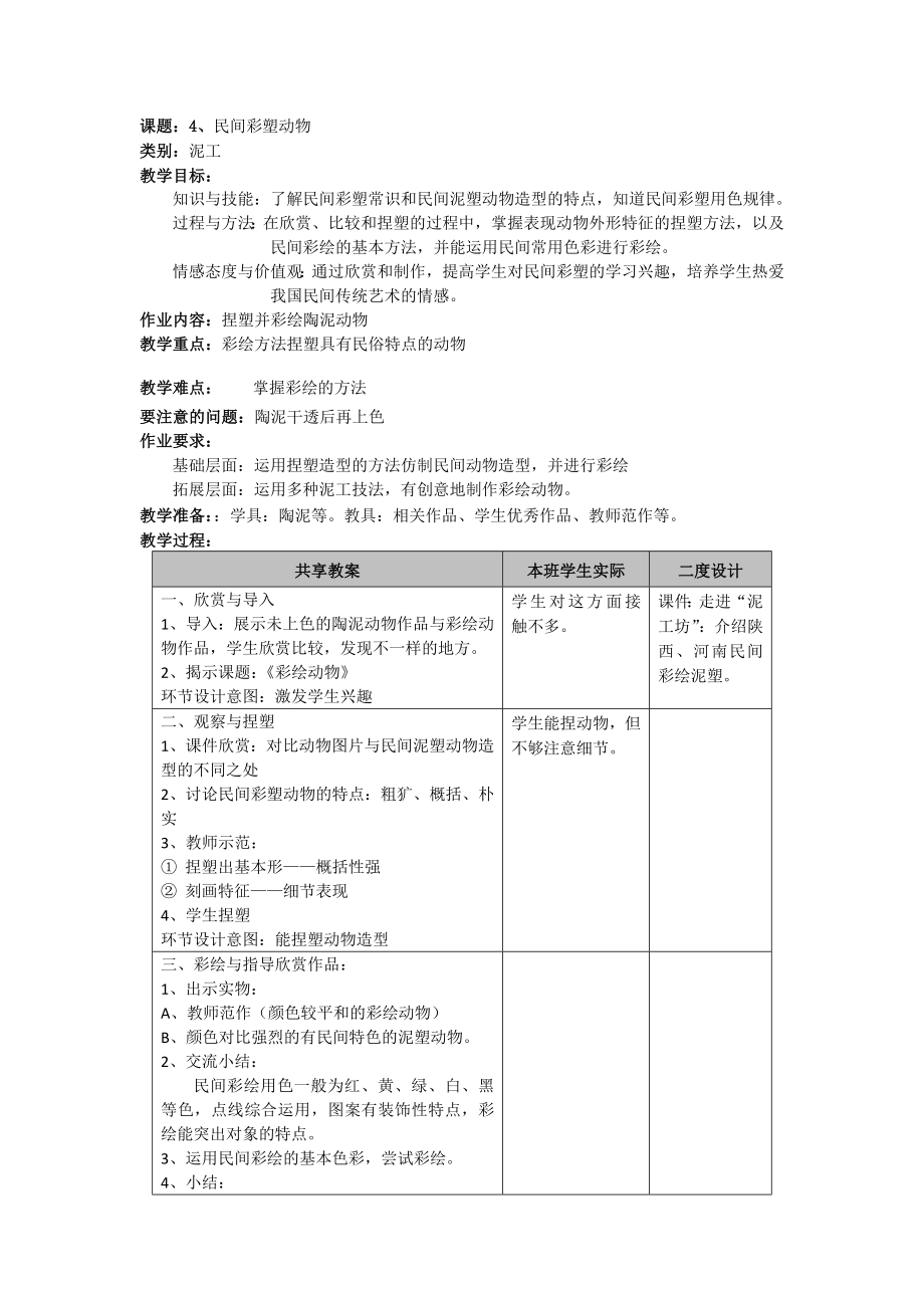 五年级上册美术教案第4课 民间彩塑动物｜沪教版.doc_第1页