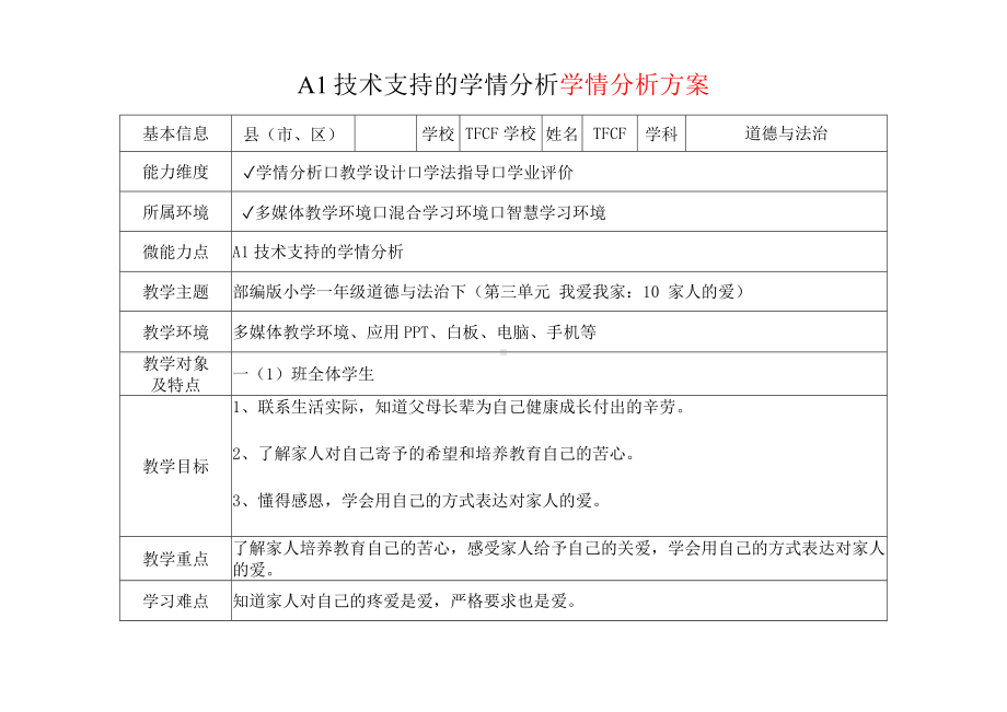 [2.0微能力获奖优秀作品]：小学一年级道德与法治下（第三单元 我爱我家：10 家人的爱）-A1技术支持的学情分析-学情分析方案+学情分析报告.docx_第2页