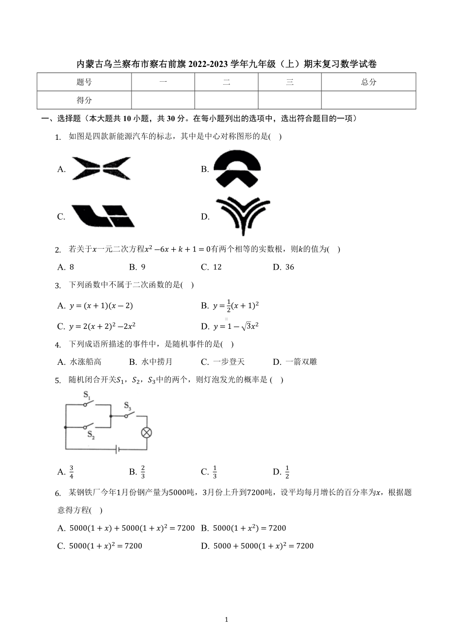 内蒙古乌兰察布市察右前旗2022-2023学年九年级上学期期末复习数学试卷.docx_第1页