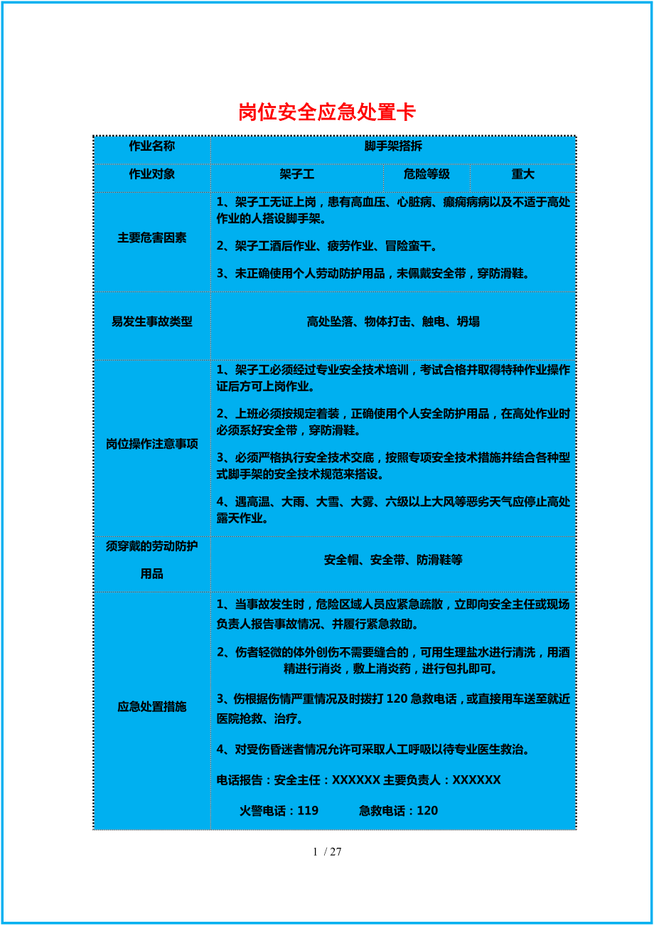 建筑企业岗位安全应急处置卡（参考）参考模板范本.docx_第1页