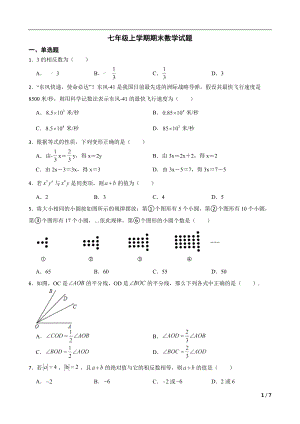 安徽省合肥市肥西县2022年七年级上学期期末数学试题及答案.docx