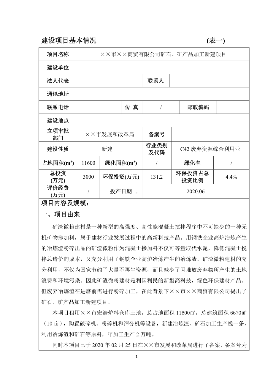 矿石矿产品加工新建项目环境影响报告表参考模板范本.doc_第1页