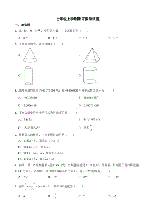 天津市滨海新区2022年七年级上学期期末数学试题（附答案）.pdf